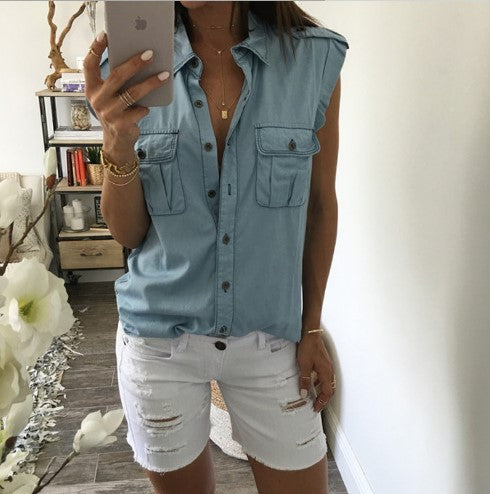 Euro-American Style Denim Shirts Are Loose And Sleeveless