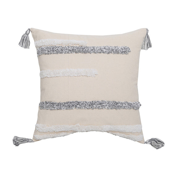 Hand-embroidered Tufted and Fringed Throw Pillow Cover