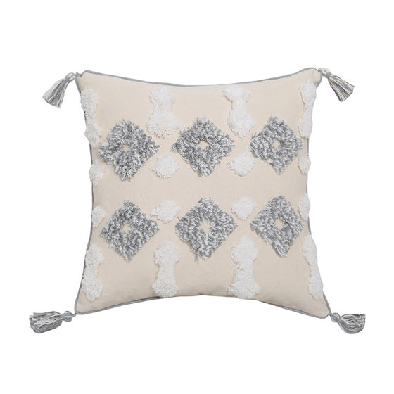 Hand-embroidered Tufted and Fringed Throw Pillow Cover