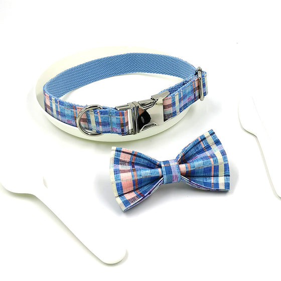 Luxury Blue, Yellow, and Orange Plaid Dog Collar Bow Tie and Collar Set