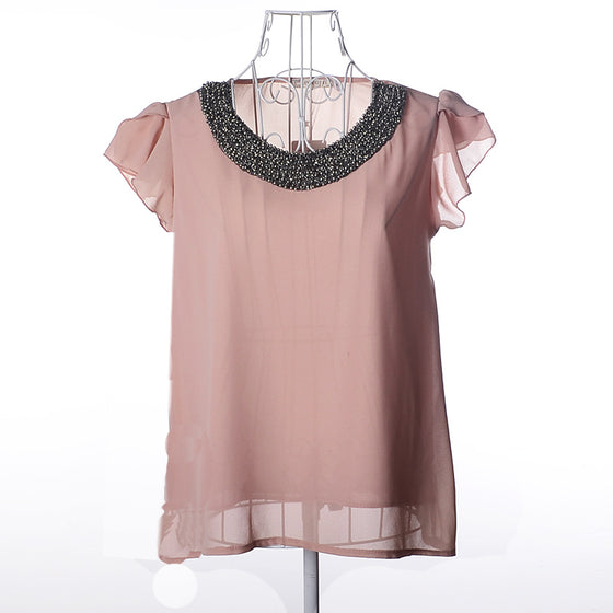 Handed Beaded Collar Chiffon Top