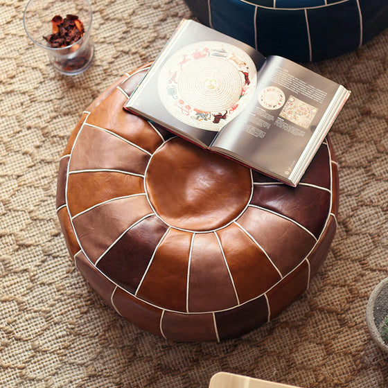 Hand-stitched Faux Leather Moroccan Pouf