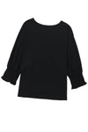 Black Plain Smocked 3/4 Sleeve Casual Loose T Shirt | Available in 3 Colors