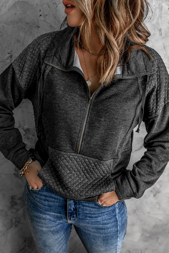 Grey Casual Pocket Quilted Patch Half Zipper Sweatshirt