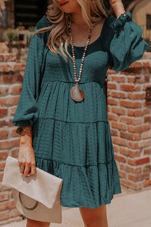  Green Long Sleeve Smocked Tiered Boho Dress