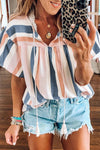 Pink and Blue Stripes V Neck Blouse