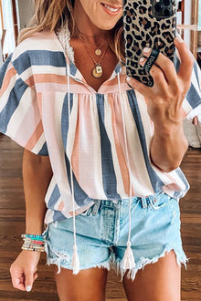  Pink and Blue Stripes V Neck Blouse