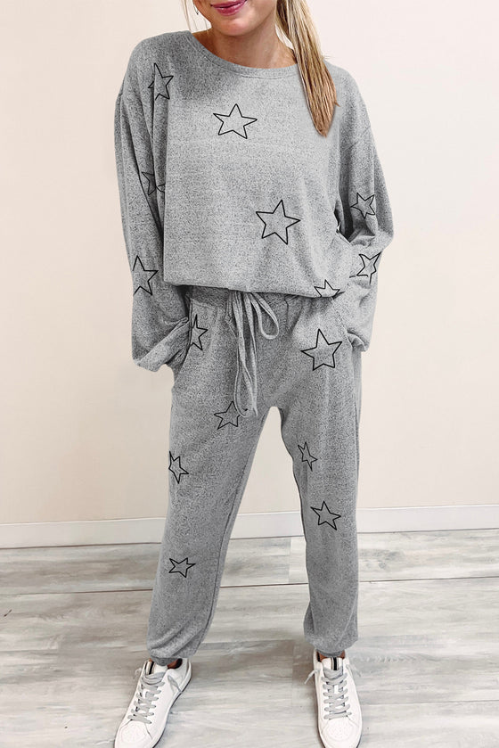 Black Stars Print Long Sleeve Top and Drawstring Pants Set | Available in Gray