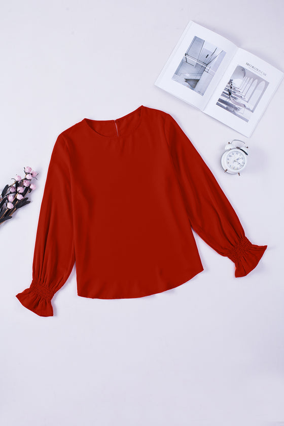 Plain Pullover Smocked Cuffs Long Sleeve Blouse | Available in Black and Red Colors