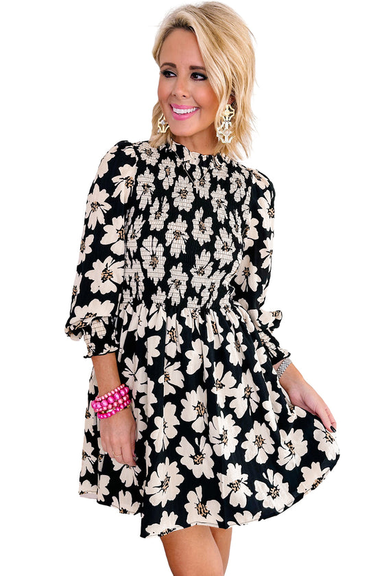 Black Floral Print Smocked Bracelet Sleeve Mini Dress