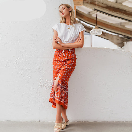 Women's Long Orange Patterned Skirt