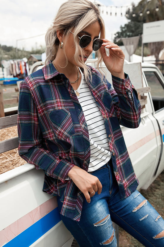 Multicolor Plaid Casual Pockets Asymmetric Long Sleeve Shacket