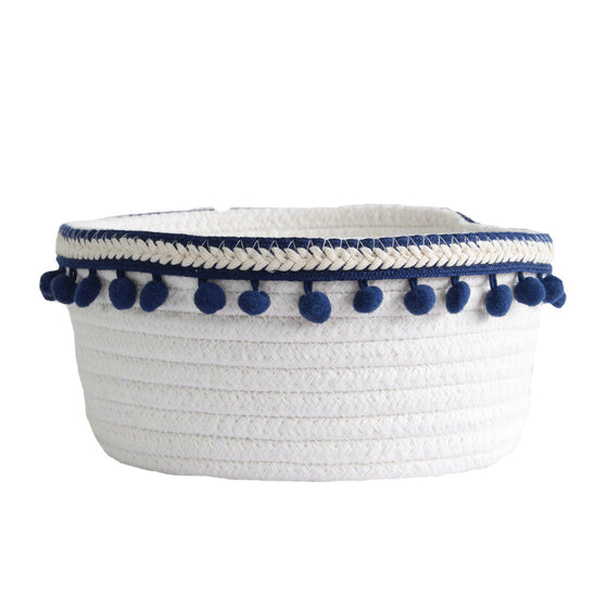 White Cotton Rope Storage Basket with Pom Pom Trim | Available in 4 Colors