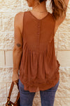 Apricot Casual Contrast Lace Crochet Button Back Sleeveless Shirt