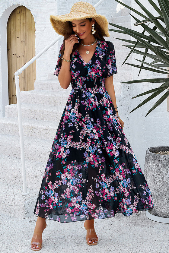 Black Floral Print Shirred Waist V Neck Maxi Dress