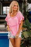 Pink Eyelet Patchwork Ruffle Frayed Crinkle Blouse