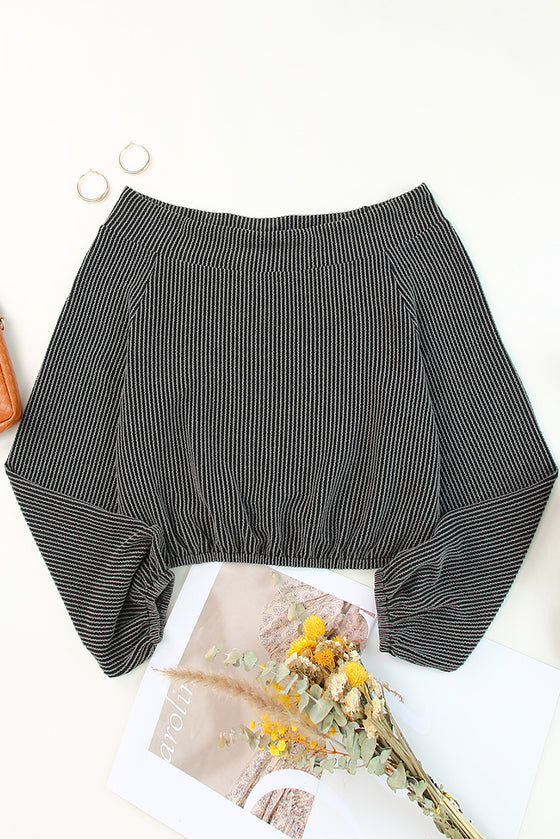 Gray Ribbed Off-Shoulder Balloon Sleeve Top