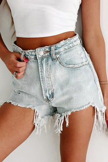  Sky Blue Distressed Raw Hem High Waist Denim Shorts