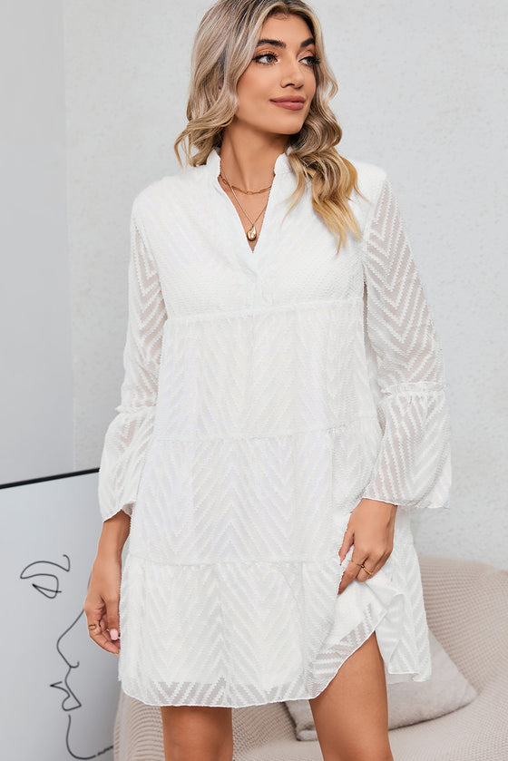 White Chevron Textured Notch Neck Mesh Tiered Dress