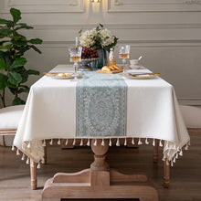  Jacquard Vintage Tassel Tablecloth in Ivory and Sage Green