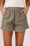 Khaki Casual Pocketed Ruffle High Waist Shorts