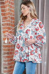 Floral Print Split V Neck Puff Sleeve Tunic Top