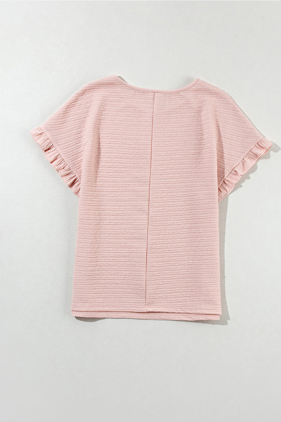 Light Pink Textured Frill Cuffs Short Sleeve Blouse