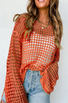 Orange Knit Cut Out Crochet Long Sleeve Tunic Top