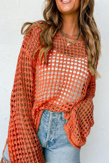  Orange Knit Cut Out Crochet Long Sleeve Tunic Top