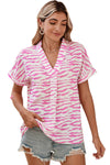 Pink Zebra Print V-Neck Roll Up Sleeve Blouse | Available in Black