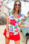 White Retro Floral Print Chest Pocket V Neck Blouse