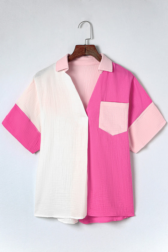 Hot Pink Color Block Short Sleeve Polo Blouse