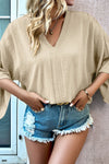 Beige Crinkled V Neck Bell Sleeve Blouse  (Pre-Order Only)