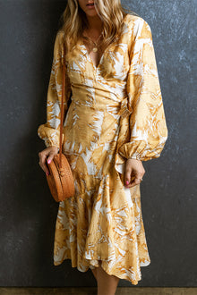  Yellow Long Sleeve Boho Flounce Hem Wrap Dress