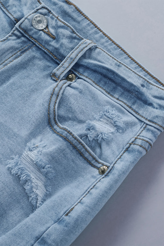 Sky Blue Frayed Slim-fit High Waist Denim Shorts