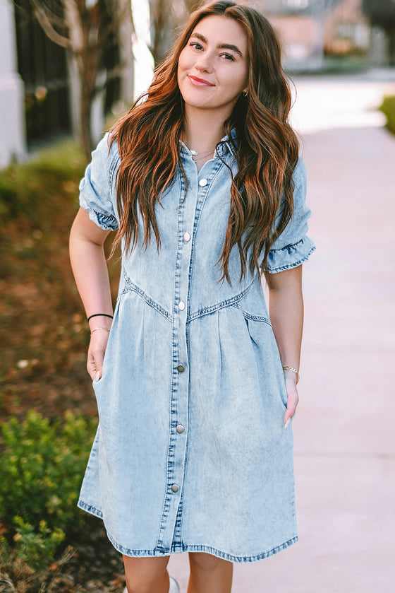 Blue Mineral Washed Ruffled Short Sleeve Pocketed Denim Dress