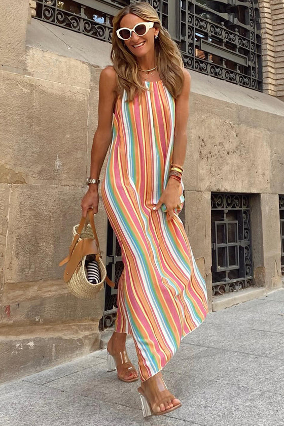 Bohemian Striped Colorblock Spaghetti Strap Sleeveless Maxi Dress