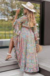 Green Paisley Print Boho Ruffle Trim Tied Maxi Dress