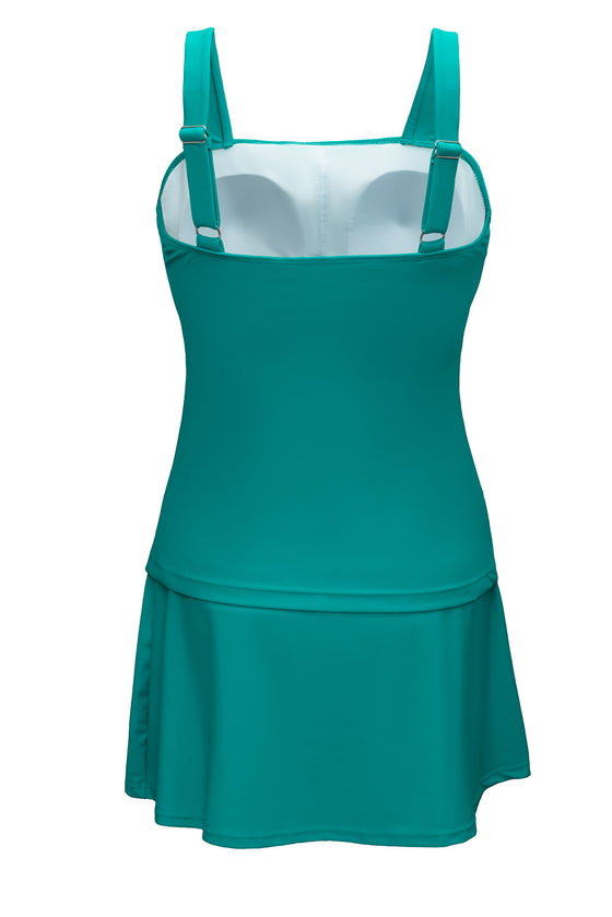 Green Square Neck Adjustable Strap Ruched Tankini Swimsuit