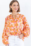 Orange Floral Print Loose Long Sleeve Blouse