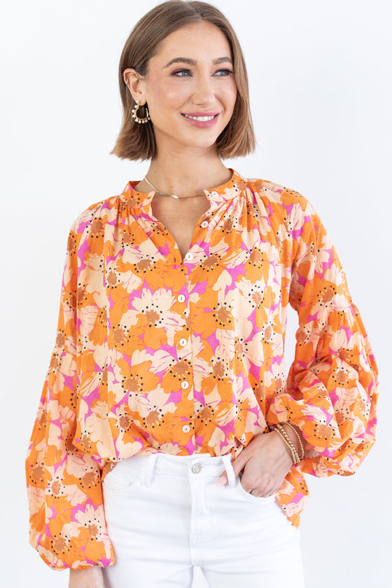 Orange Floral Print Loose Long Sleeve Blouse