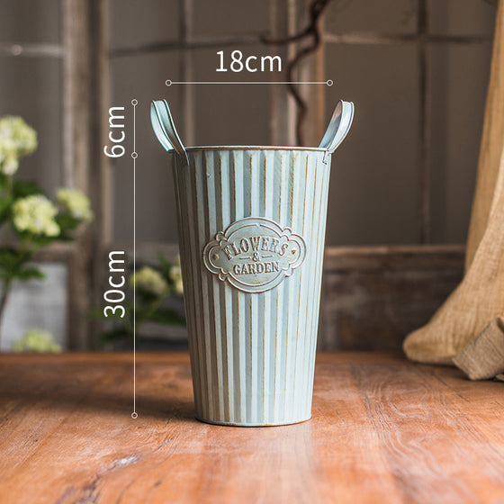 Vintage Light Blue Tin Flower Bucket