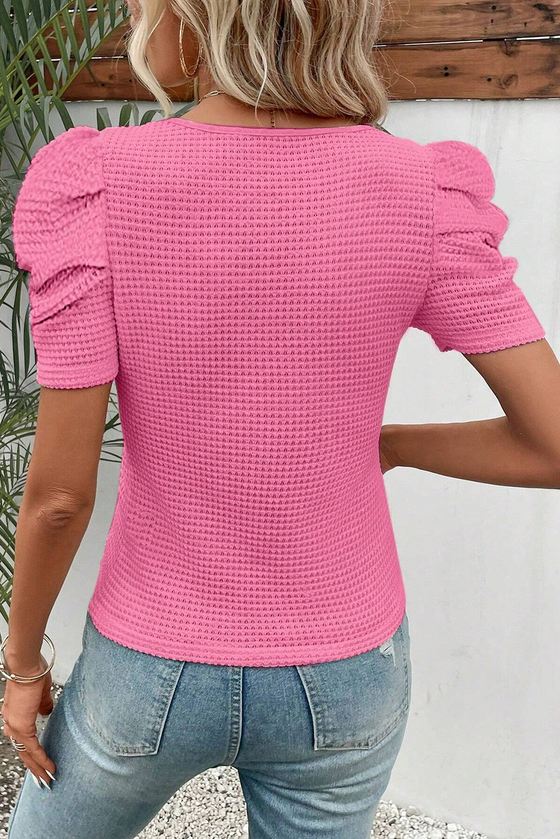 Black Scoop Neck Waffle Knit Puff Sleeve Top | Available in Pink