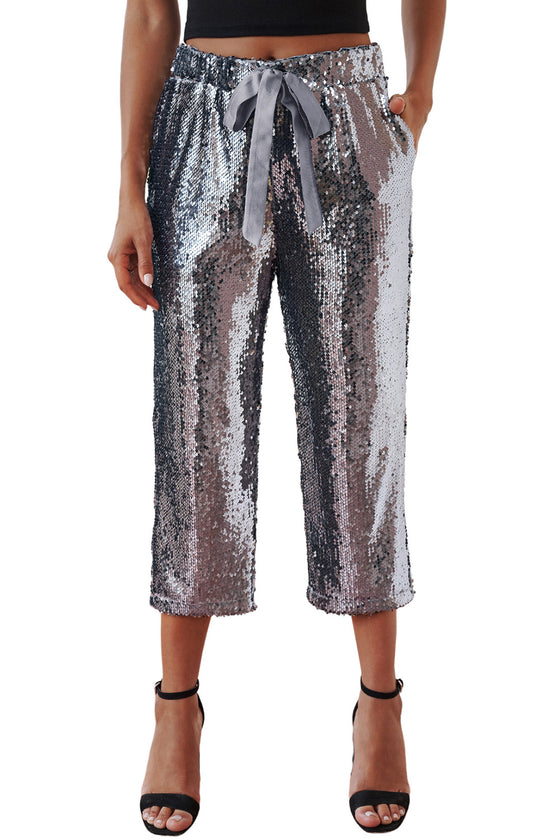 Silver High Waisted Drawstring Cropped Sequin Pants