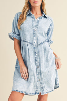  Blue Mineral Washed Ruffled Short Sleeve Pocketed Denim Dress