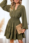 Green Solid Color Notch Neck Tiered Long Sleeve Dress