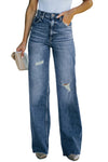 Light Blue Ripped Pockets High Waisted Straight Leg Jeans