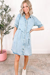 Blue Mineral Washed Ruffled Short Sleeve Pocketed Denim Dress