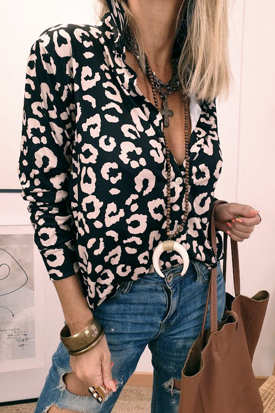 Black Leopard Print Button-Up Shirt