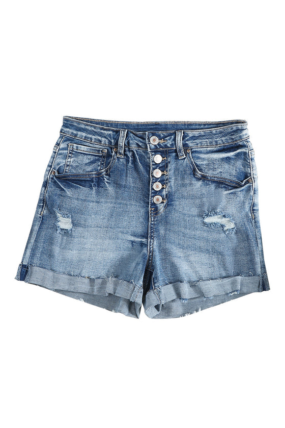 Light Blue Button Fly Distressed High-Rise Denim Shorts